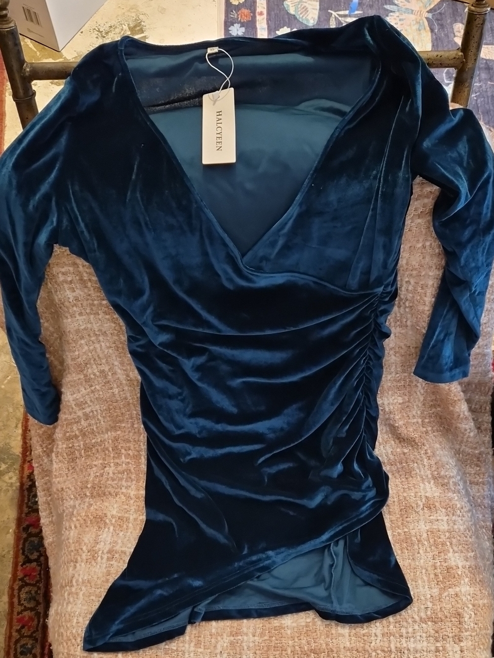 NWT, Size XL, Velvet Ruched Mini Dress in Deep Teal, 10% Spandex Lots Of Stretch